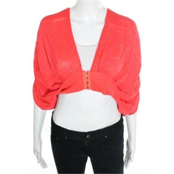 Free People Orange Coral Cotton Siler Sequined Trim VNeck Cropped Sweater Shrug - Picture 2 of 7